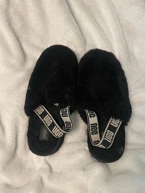 UGG Black Plush Shearling Slide with Logo Elastic Strap